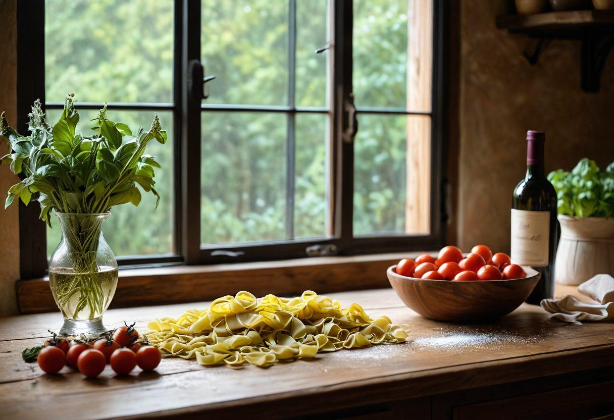 A rustic kitchen setting featuring fresh homemade pasta on a wooden countertop, surrounded by ripe tomatoes, basil, and flour. An elegant bottle of wine and wine glasses are artfully placed in the background, enhancing the farmhouse aesthetic. Soft natural light filters in through a window, creating warmth and inviting ambiance. The scene captures the essence of farm-to-table inspiration. vibrant colors. warm lighting. 3D.