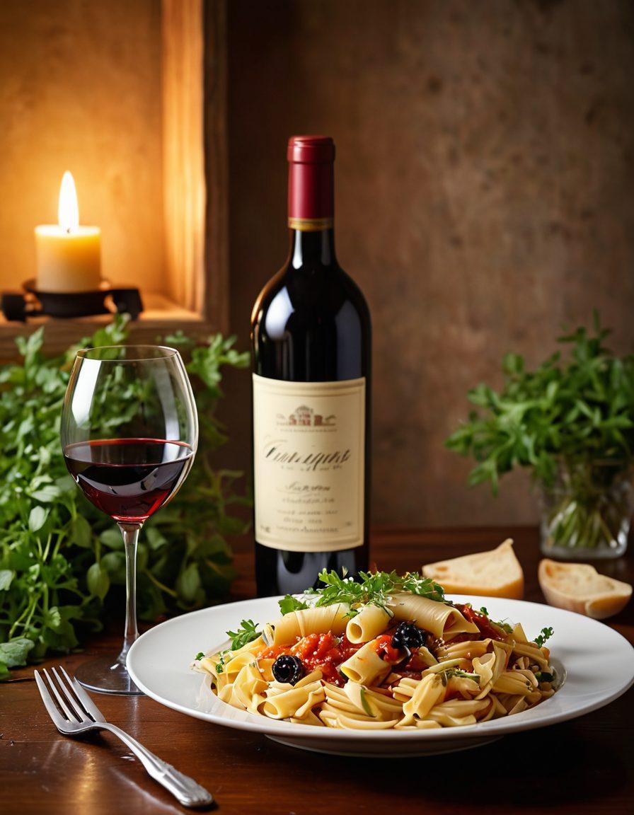 A beautifully set dining table featuring a plate of gourmet pasta, drizzled with fresh herbs, paired elegantly with a glass of fine vintage wine. Soft candlelight casts a warm glow, highlighting the rich textures of the dish and the luxurious deep red of the wine. In the background, a wooden wine rack displays an assortment of vintage bottles. The scene exudes an atmosphere of sophistication and indulgence. super-realistic. vibrant colors. warm lighting.