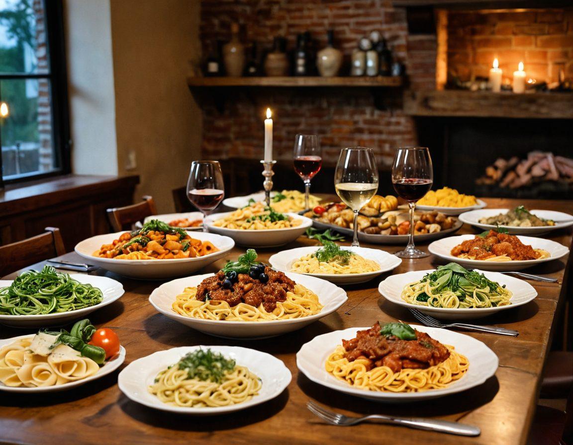 A beautifully set rustic wooden table showcasing an array of artisan pasta dishes, elegantly paired with fine wines in various glasses. Stylish plates filled with spaghetti, fettuccine, and ravioli are garnished with herbs, alongside a vibrant cheese platter and colorful vegetables. The warm glow of candles enhances the ambiance, with a backdrop of a quaint Italian kitchen. The style is super-realistic, with rich textures and warm lighting to evoke a cozy, inviting atmosphere.